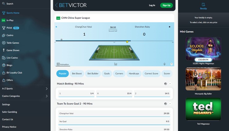 BetVictor In Play Football Betting Screenshot