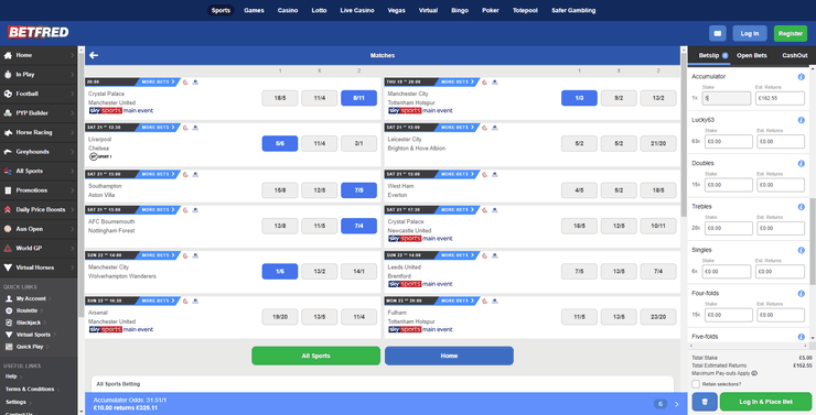 Betfred Premier League Accumulator Betting Screenshot