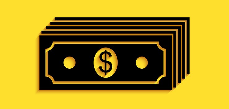 Black Dollar Bills Icon on Yellow Background
